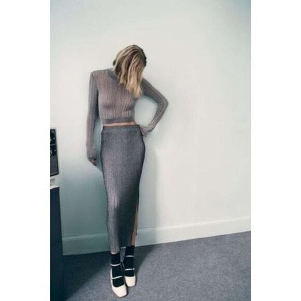 ZARA High Waisted Ribbed Knit Pullon Midi Pencil Skirt SideSlit M Grey Black